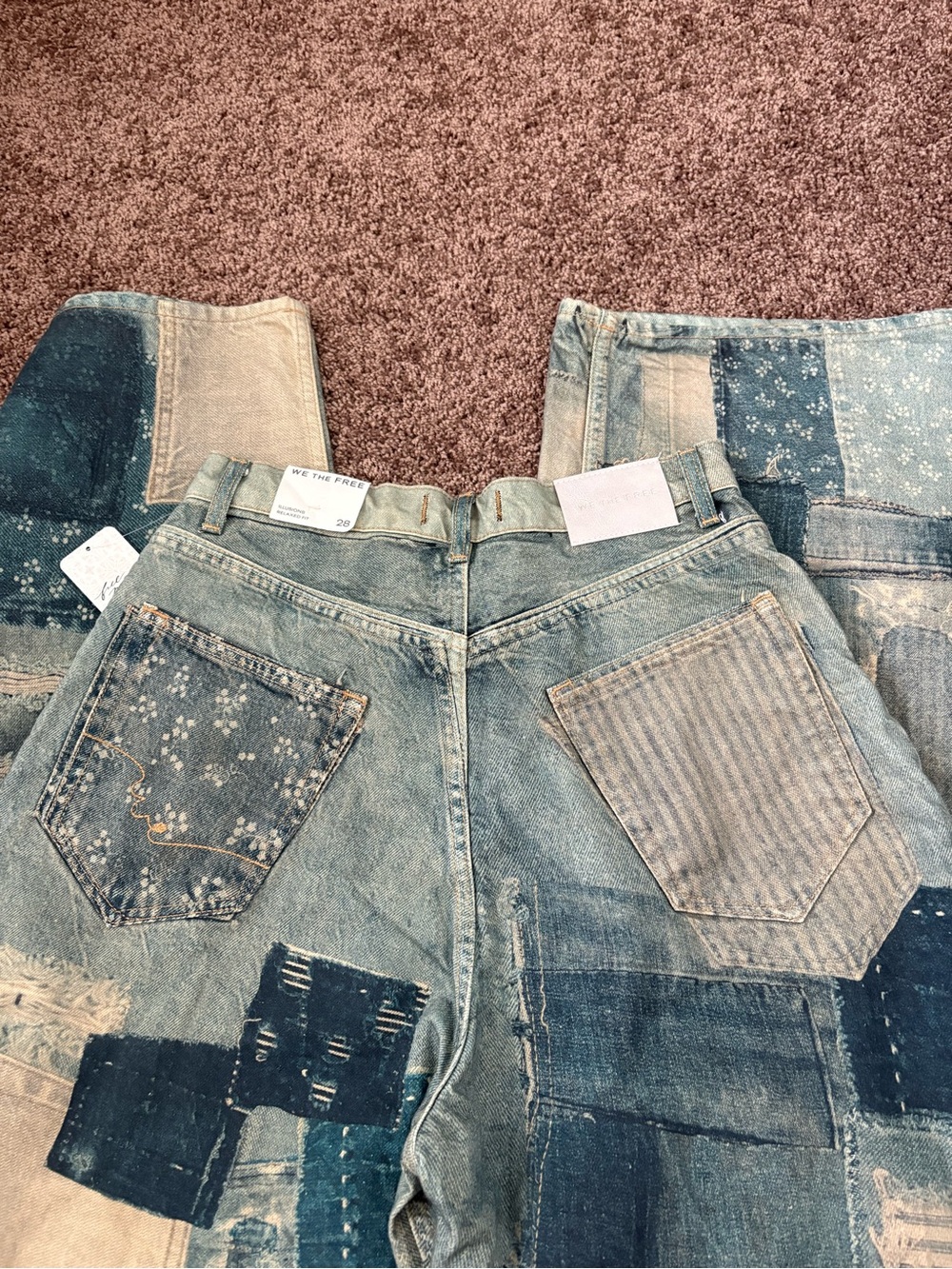 Free People Patchwork Straight-Leg Jeans in Olive, Tan, Navy - Picture 5 of 5